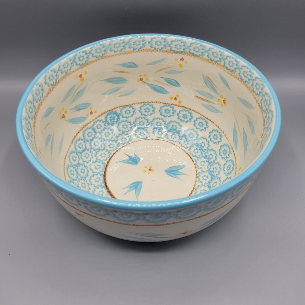 TempTations Old World 16 Oz Hand Painted Ceramic Bowl Blue & Yellow 9.5"